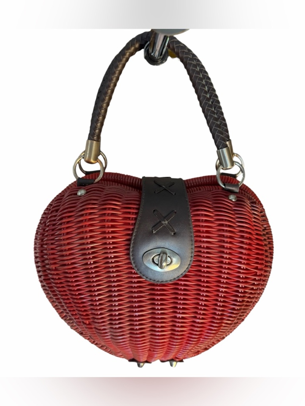 Red Woven Heart Handbag with Dark Brown Handle